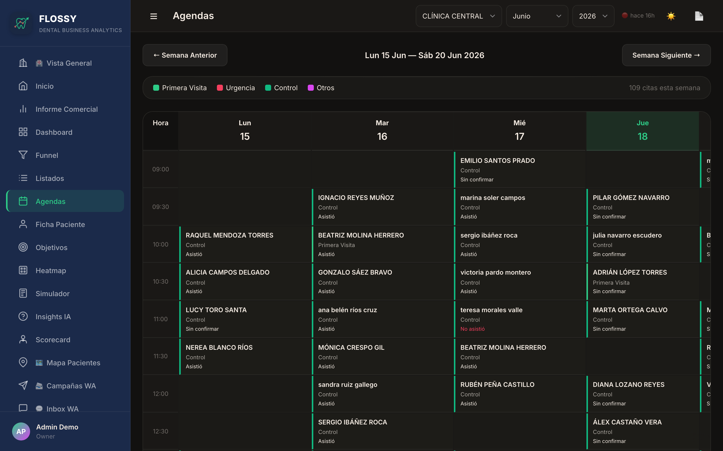 Agenda semanal con citas codificadas por color